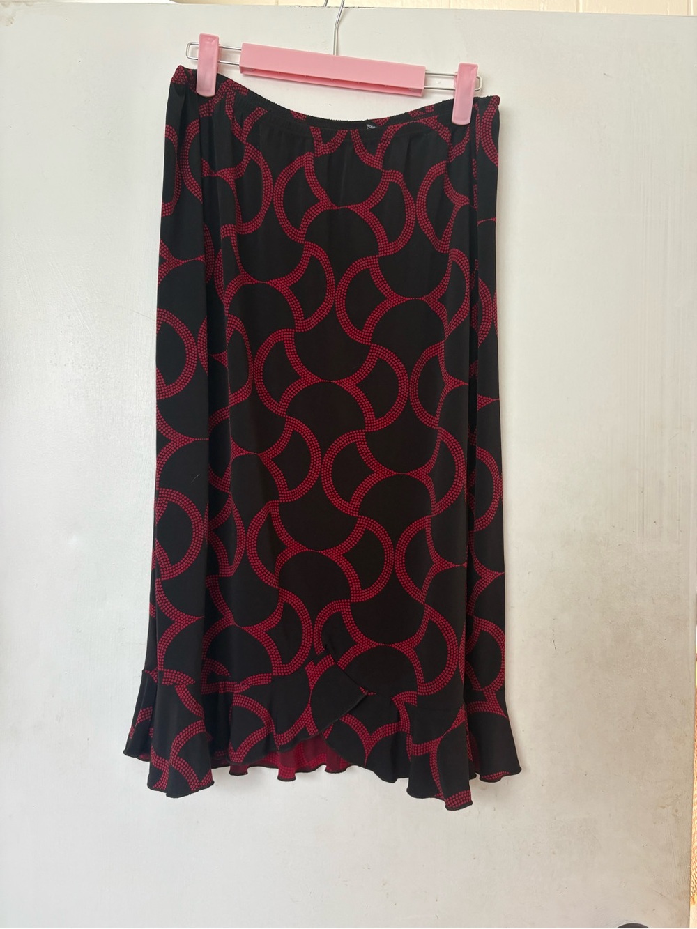Women’s vintage Black & Red Printed Midi Skirt with ruffle detail at the bottom